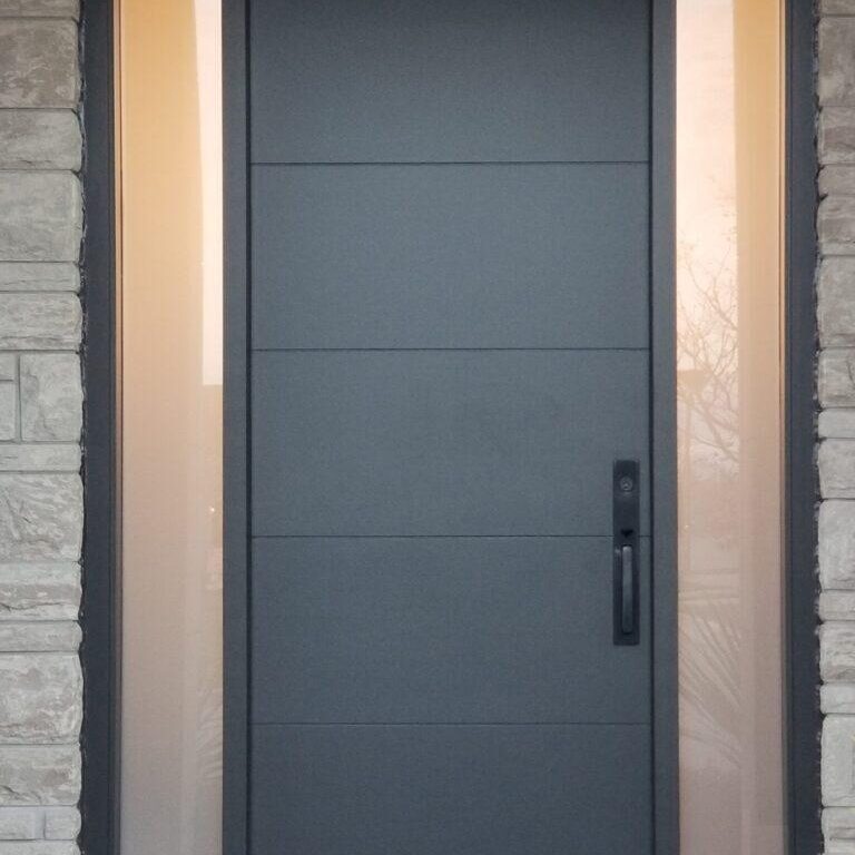 Modern black front door with twin sidelites replacement Maple